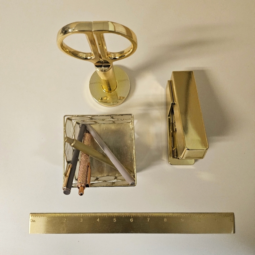 Set of desk supplies Sugar Paper scissors stapler pen cup ruler gold